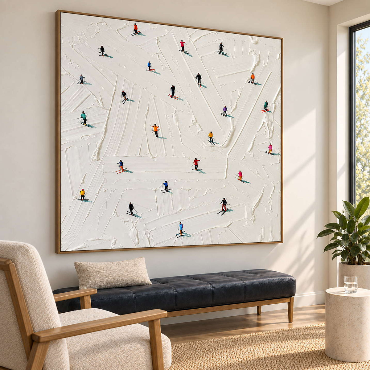 Angled snow artwork above a dark bench beside a cream chair.