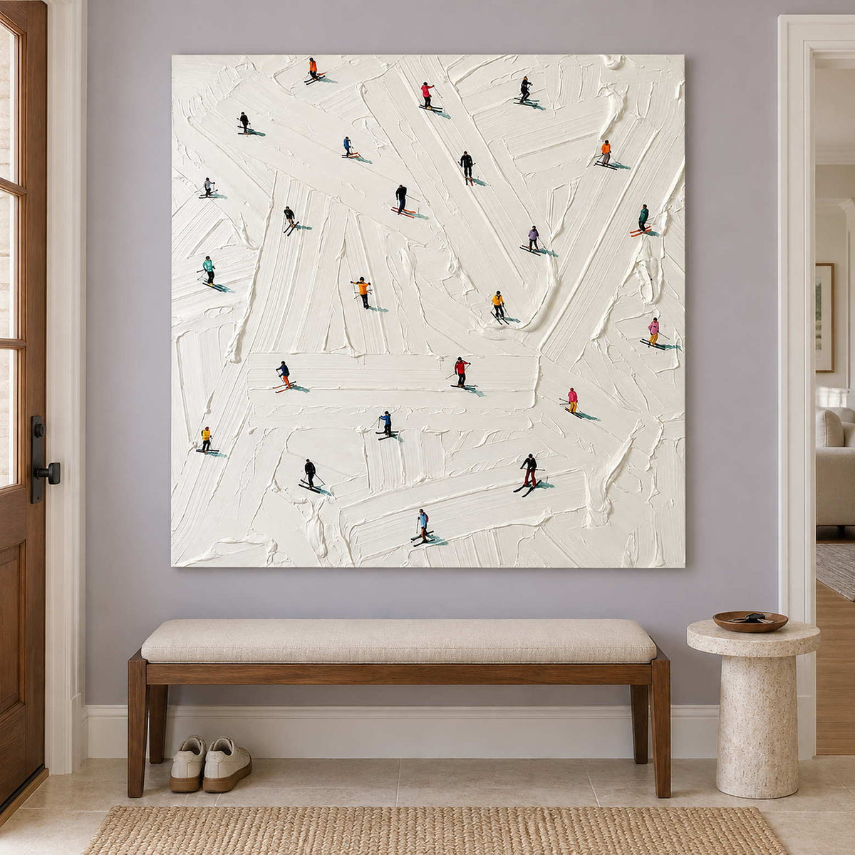 White skier artwork above a cream bench against a lilac wall.