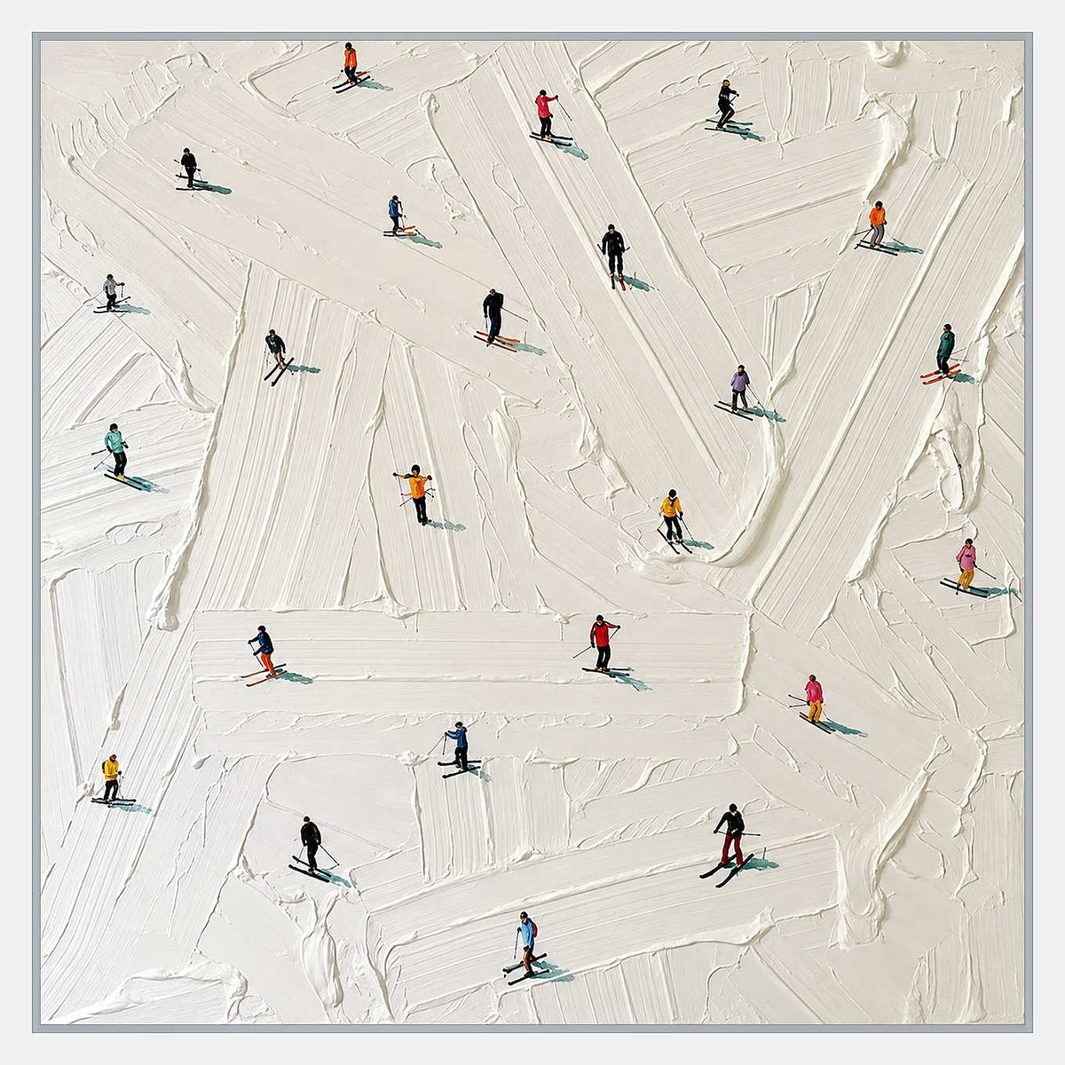 Small skiers in colorful jackets with skis, poles, and blue-green shadows scattered over broad white textured strokes.