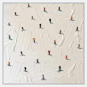 Small skiers in colorful jackets with skis, poles, and blue-green shadows scattered over broad white textured strokes.