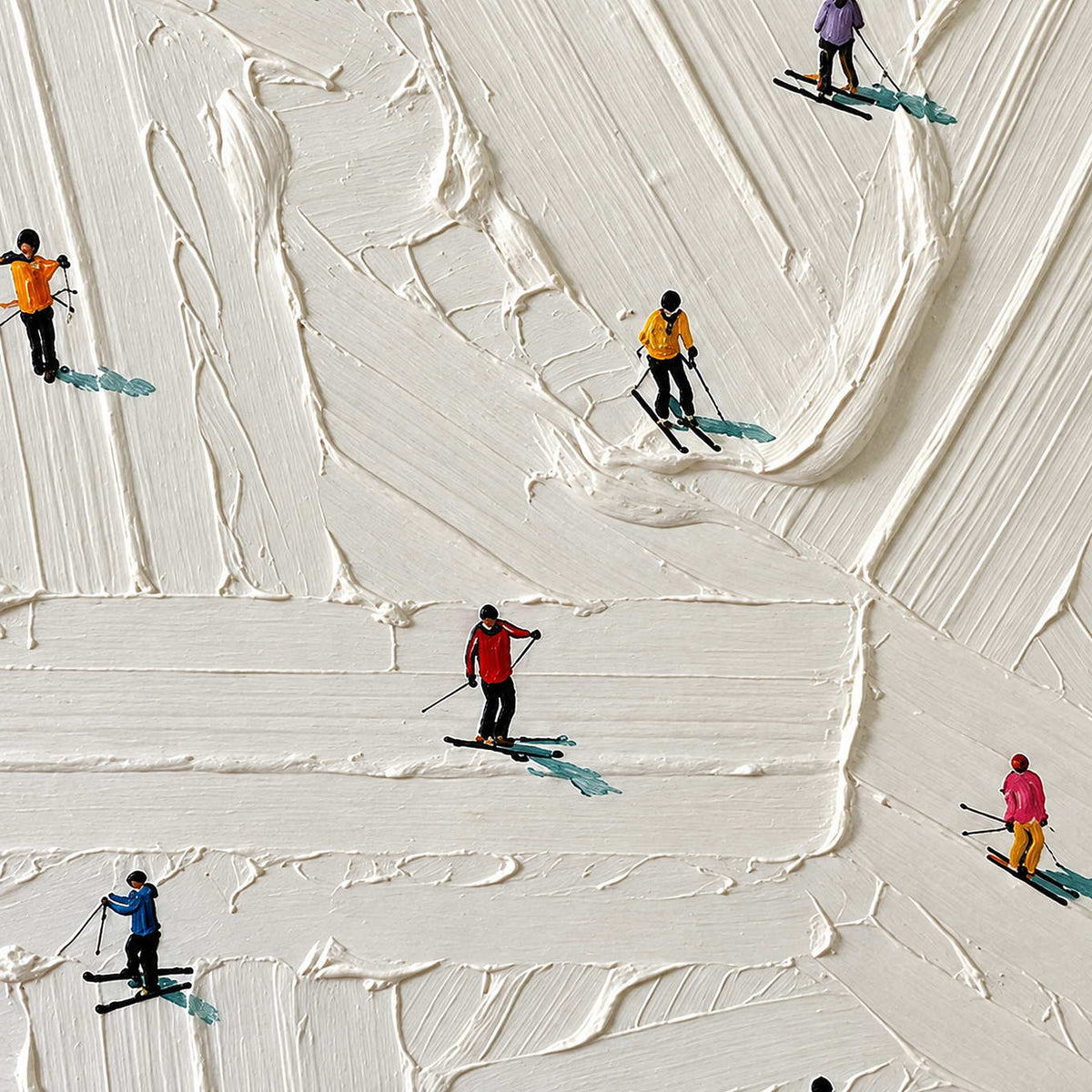Detail of tiny red, yellow, and blue skiers among raised white ridges.