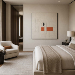 Textured geometric canvas styled in a calm cream-gray bedroom sitting area.