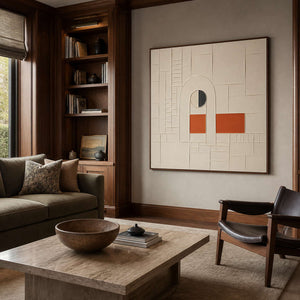 Modern abstract painting displayed in a deep walnut family study.