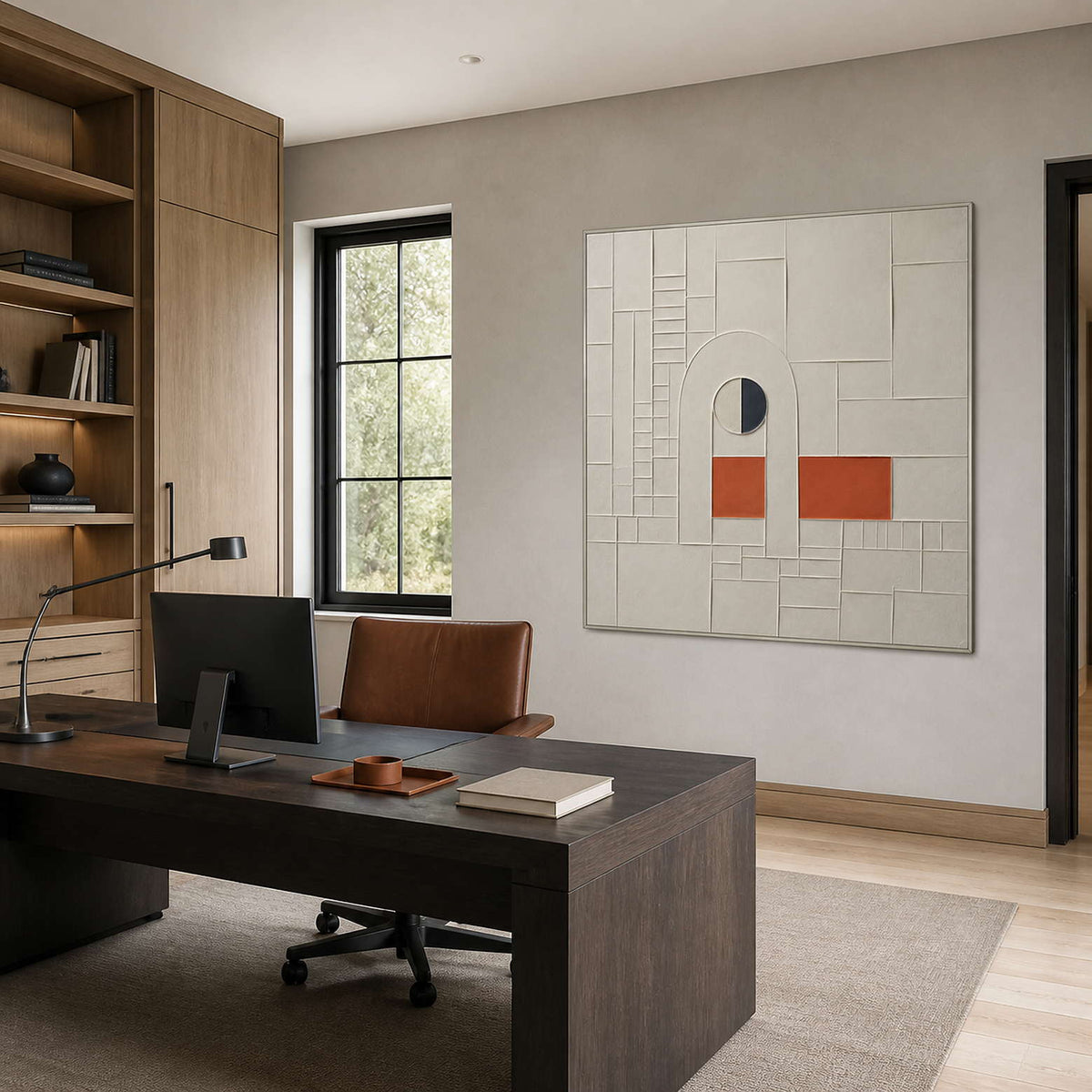 Geometric textured artwork viewed in a light oak modern home office.
