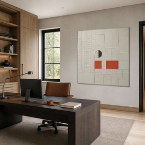 Geometric textured artwork viewed in a light oak modern home office.