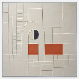 Hand-painted square relief in ivory, terracotta, and charcoal geometric forms.