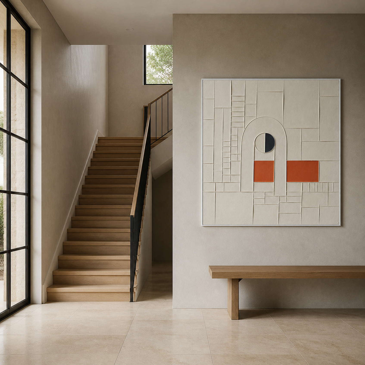 Ivory relief wall art displayed beside a warm travertine entry staircase.