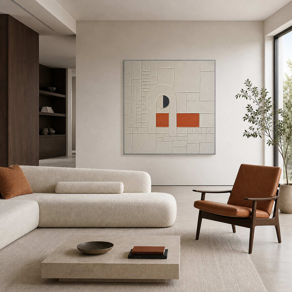 Modern geometric wall art displayed in a warm gray stone living room.
