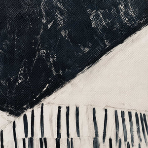 Close view of fine dark lines, ivory paint, and dry brushed black canvas.