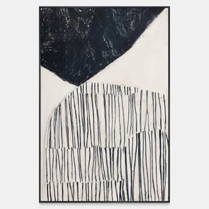 Vertical abstract painting with a dark curved form and fine black lines on ivory.