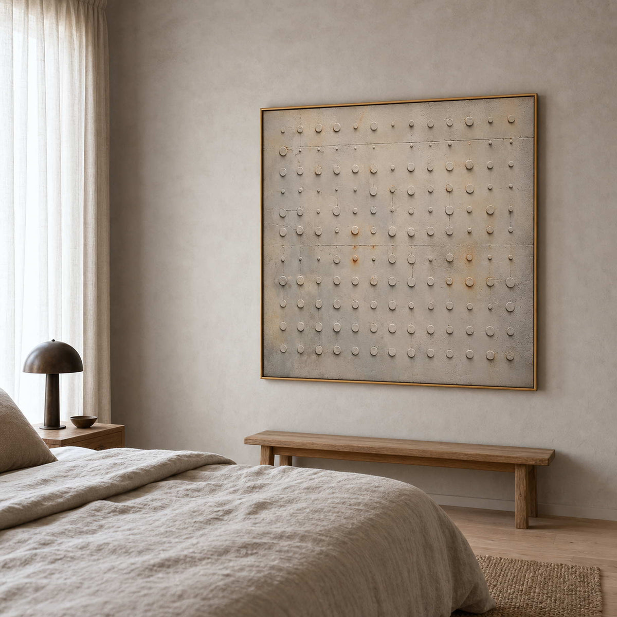 Wabi Sabi Wall Art displayed above a calm modern bedroom.