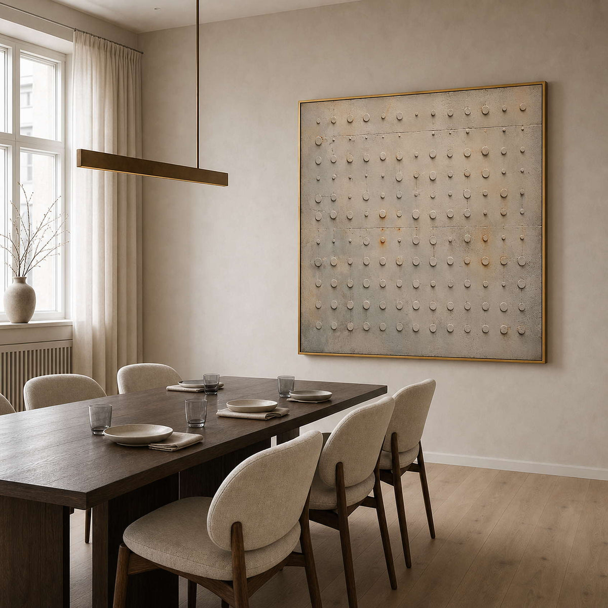 Wabi Sabi Wall Art styled in an elegant modern dining room.