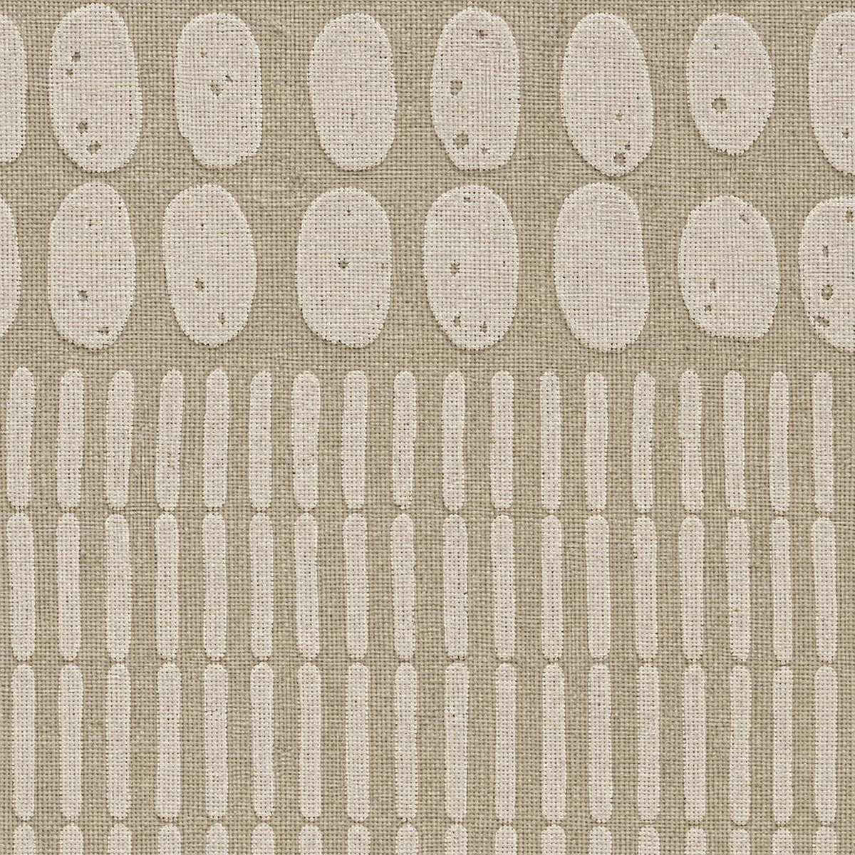 Close-up of hand-built ivory relief ovals and finely combed taupe texture.