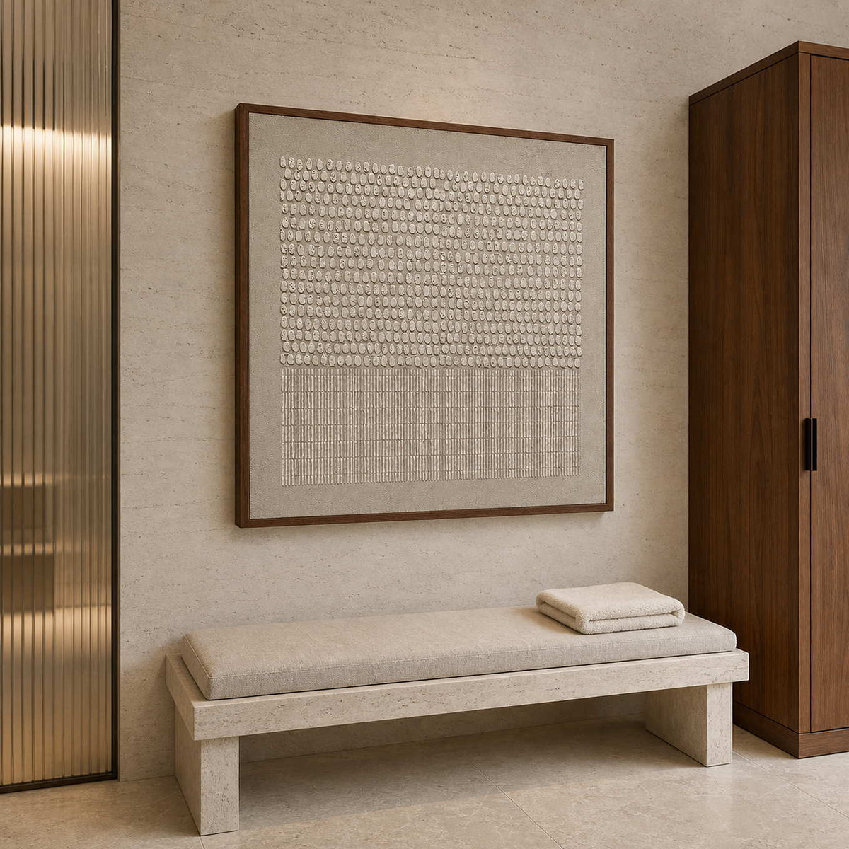 Neutral textured wall art displayed in a hotel spa bathroom dry area.