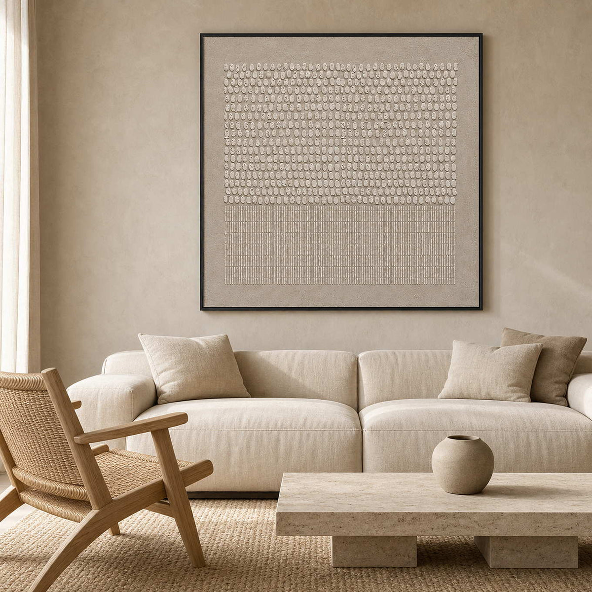 Minimalist taupe and ivory textured wall art displayed in a quiet Japandi living room.
