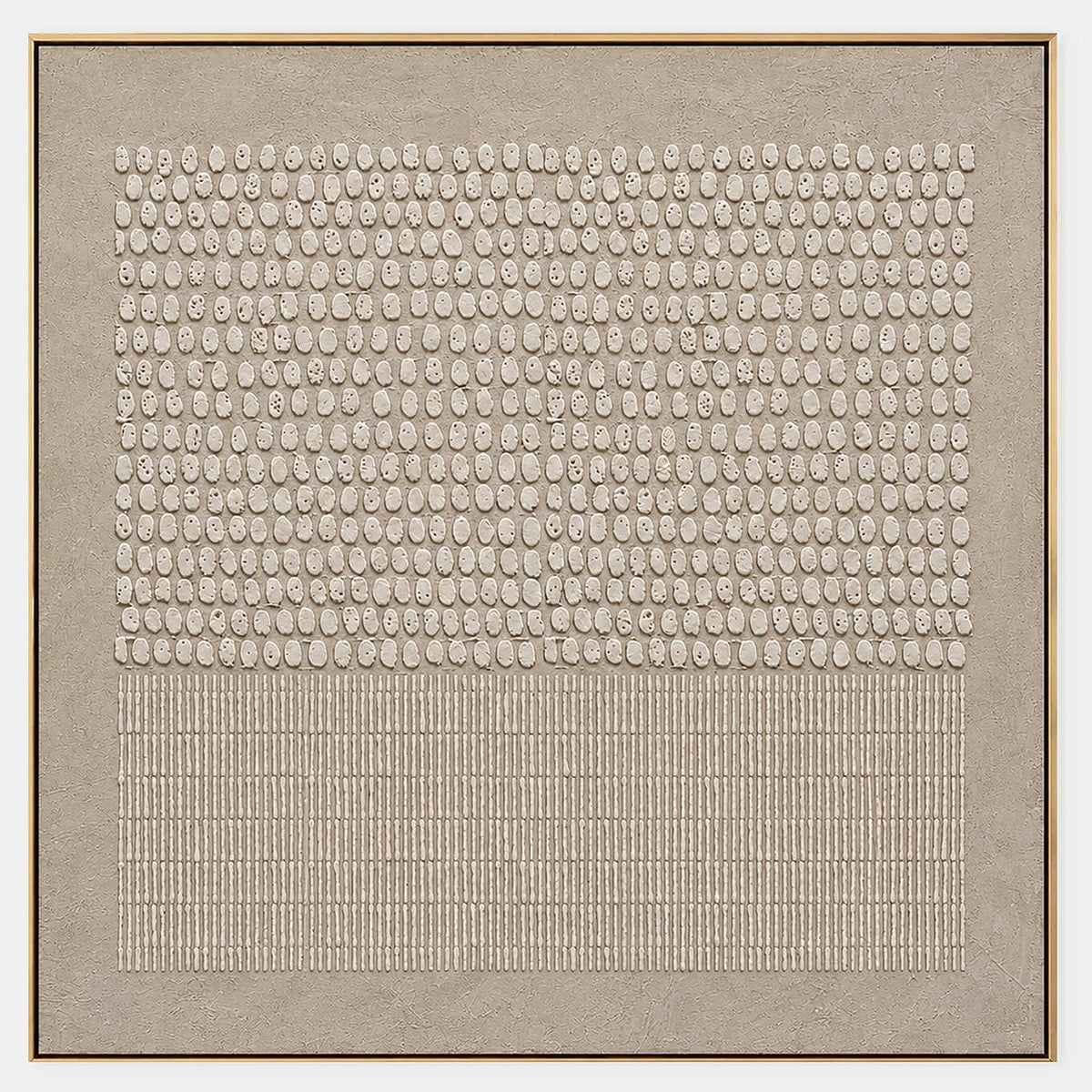 Square taupe artwork with dense ivory relief marks above finely combed vertical lines.