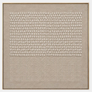 Square taupe artwork with dense ivory relief marks above finely combed vertical lines.