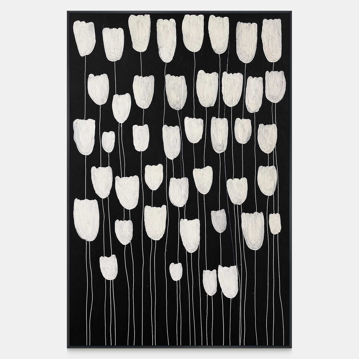 Vertical floral painting with white cup-shaped blooms and fine stems against black.