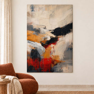 Ivory, ochre and red abstract strokes crossed by bold black bands without an outer frame, displayed beside seating in a lounge.