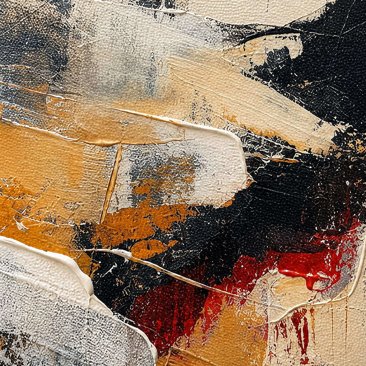 Detail of A Fierce Balance, showing layered black, red and ochre brushwork.