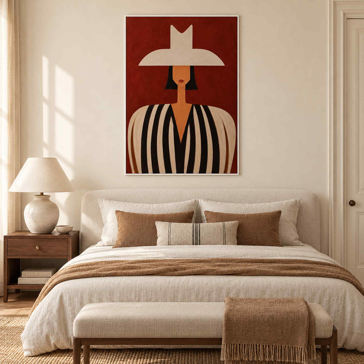 Modern portrait wall art displayed in a bedroom with a white metal frame