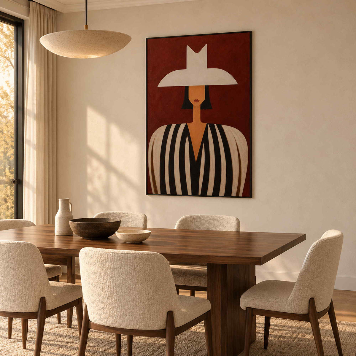 Modern portrait wall art in a dining room with a black metal frame