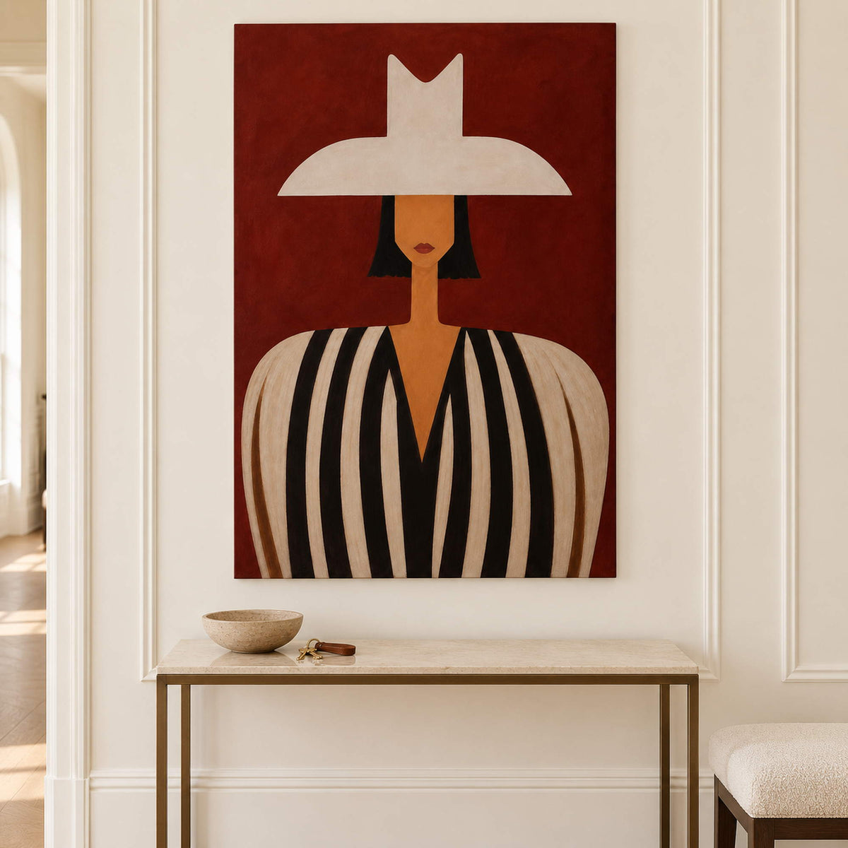 Modern portrait artwork displayed in a hallway without a frame