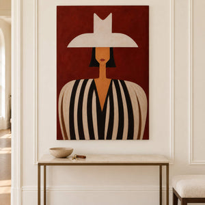 Modern portrait artwork displayed in a hallway without a frame
