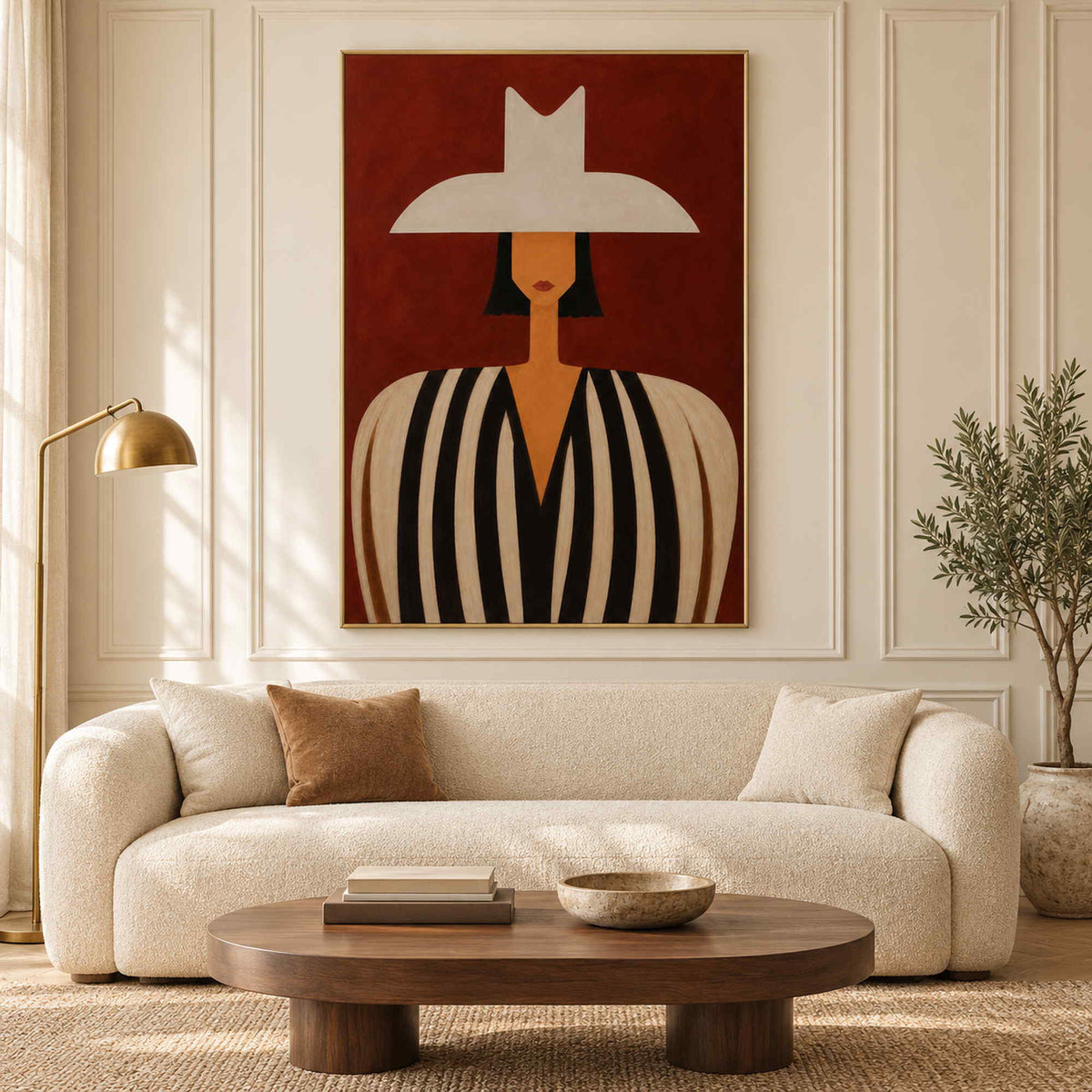 Modern portrait wall art in a living room with a gold metal frame