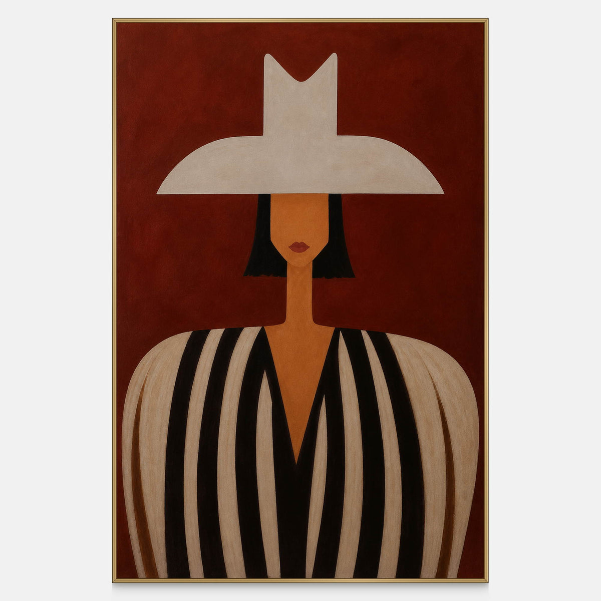 A Figure Held in Red modern portrait artwork with a geometric hat and striped clothing