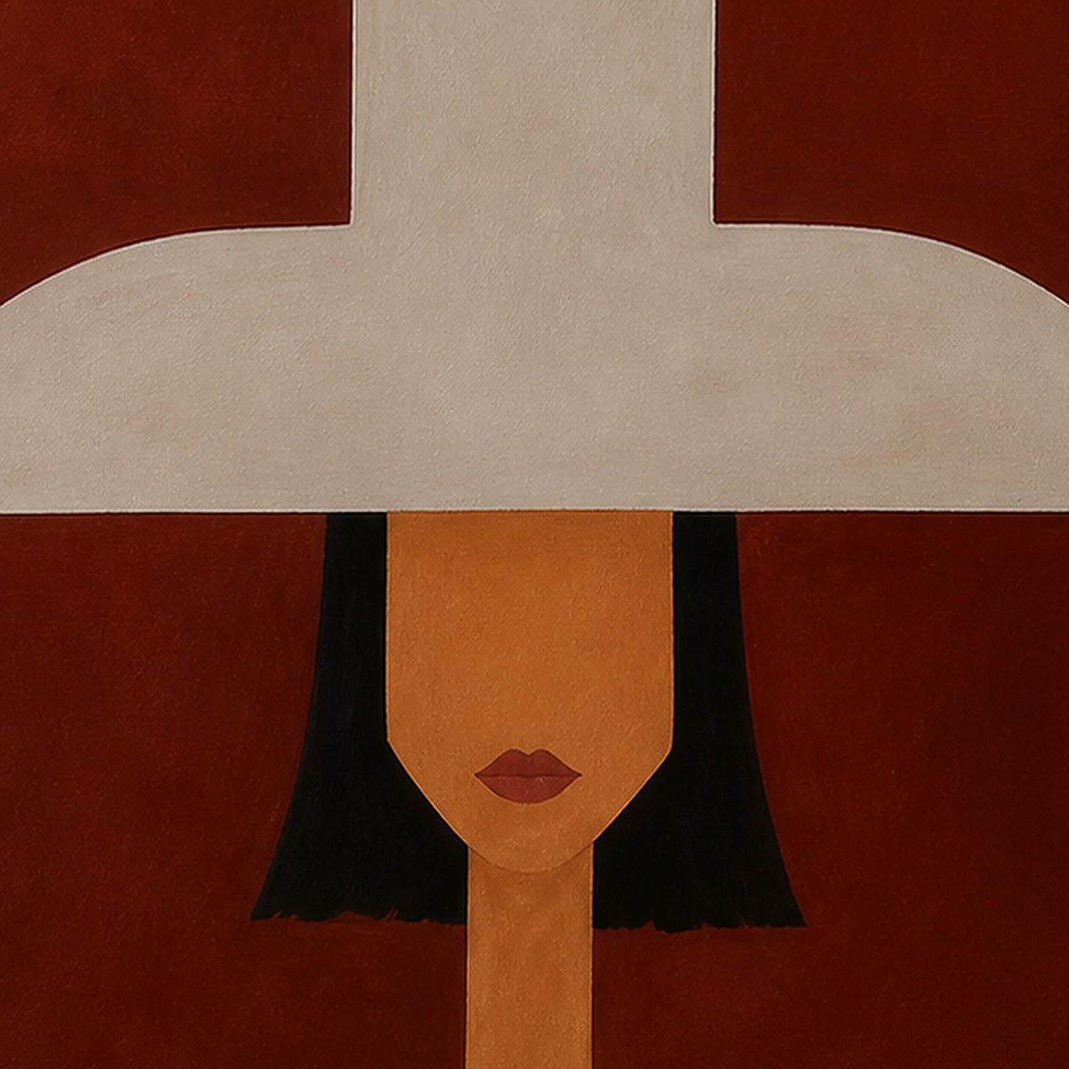 Detail of the geometric hat and striped portrait painting