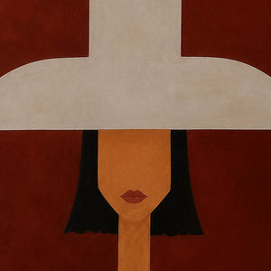 Detail of the geometric hat and striped portrait painting