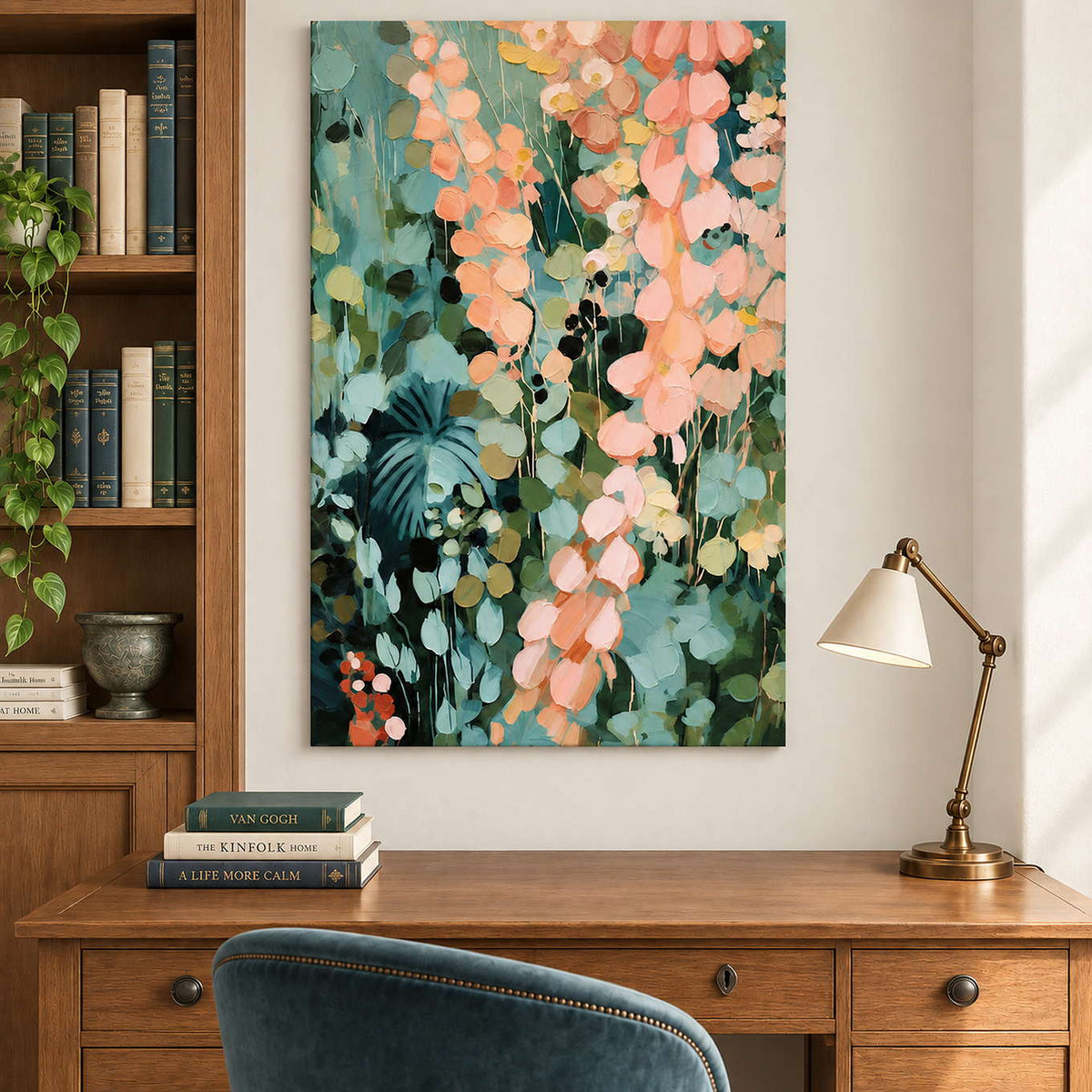 Cascading peach and blush leaves against deep green foliage without an outer frame, displayed in a home office.