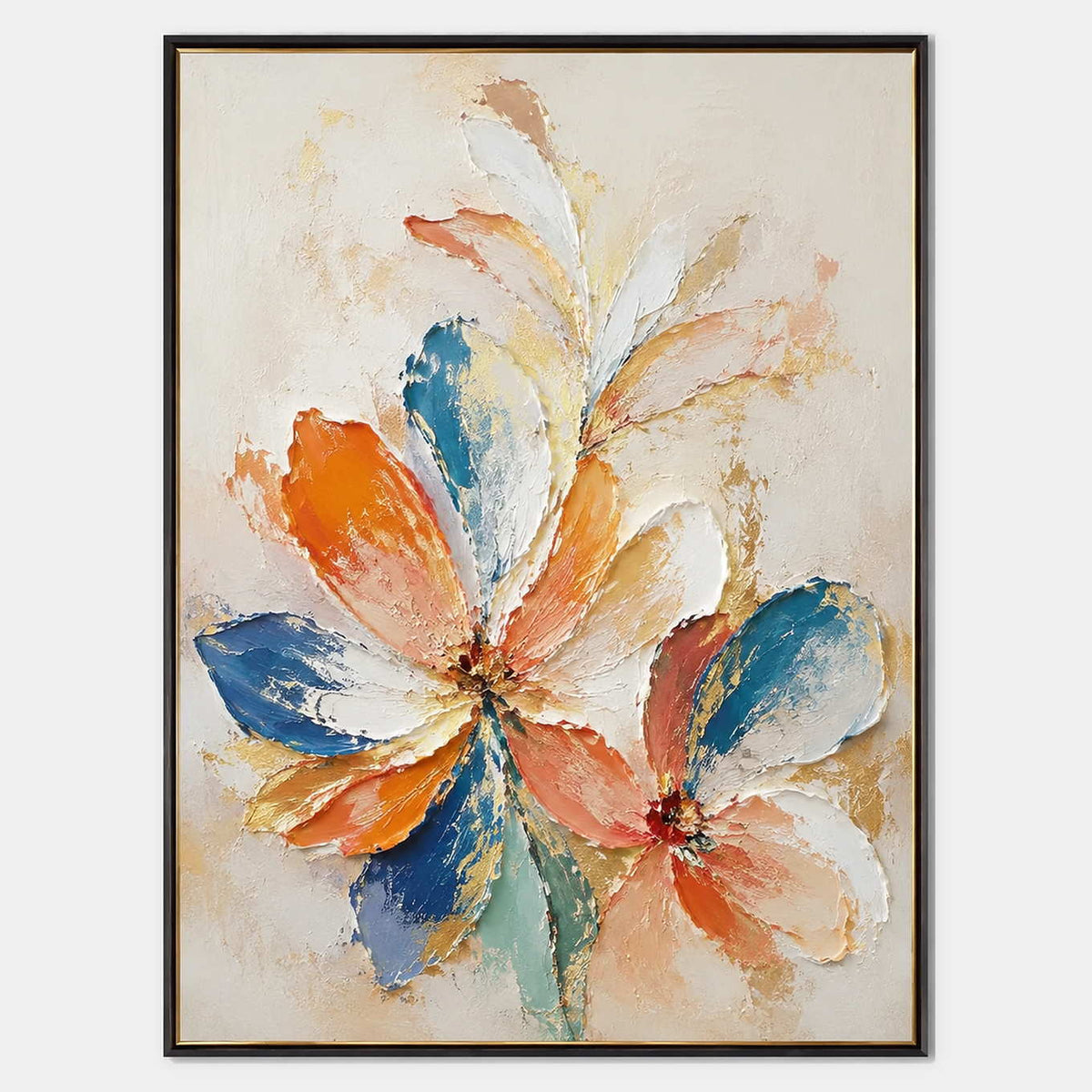 Hand-painted textured floral wall art with warm tones, blue, and white tones.