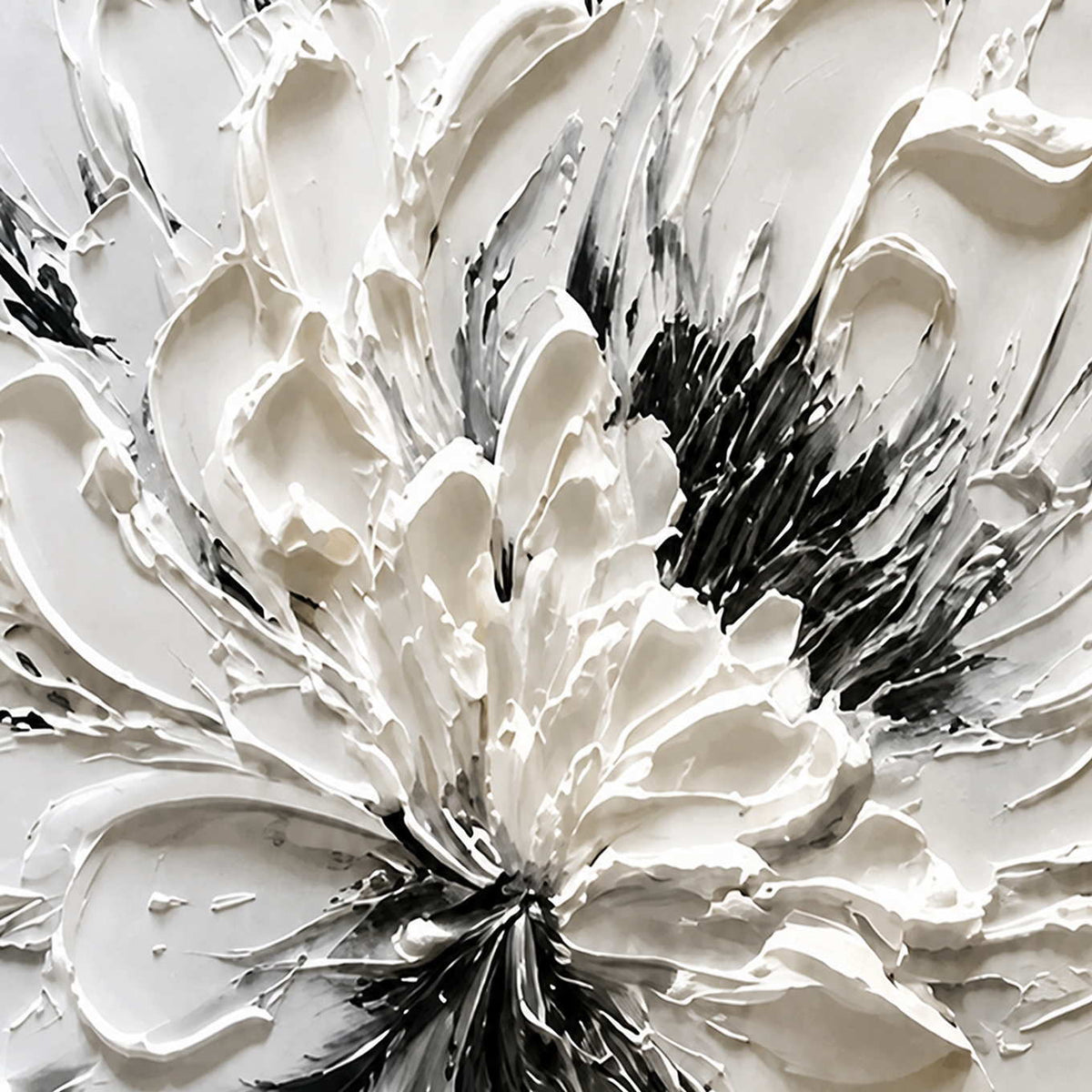Close detail of raised white petal folds surrounding the dark flower center.