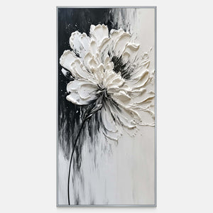 A Flower Says Hello artwork with raised white petals and a curved stem.