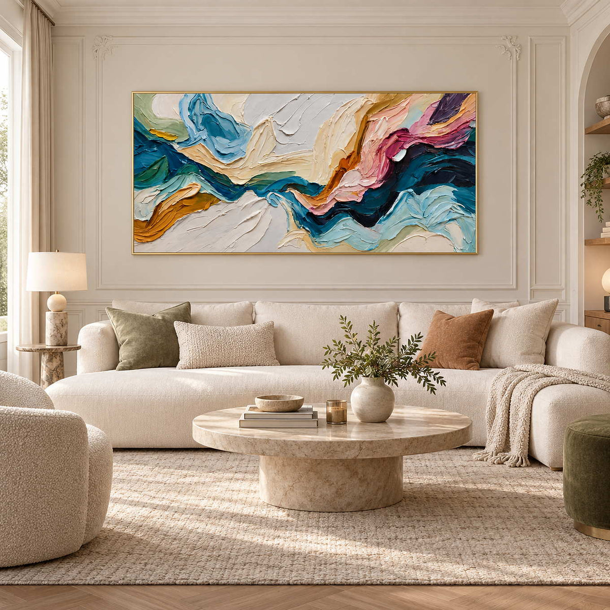 Colorful flowing abstract above a cream sofa and round pale table beside a window.