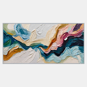 Wide textured abstract with broad blue and teal folds crossing cream, pink, plum, and ochre on a pale ground.