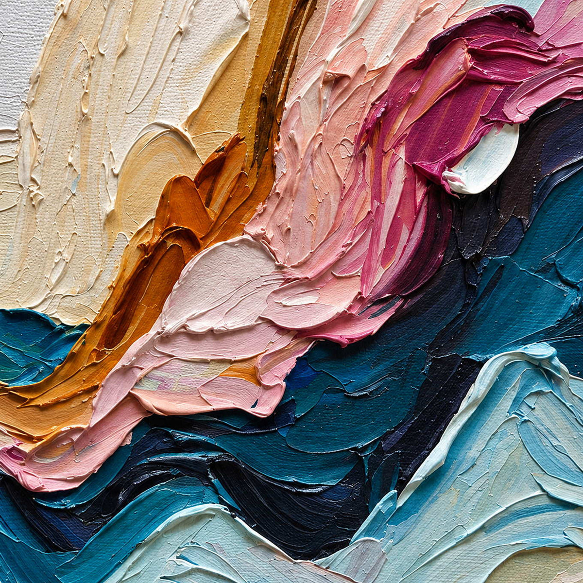 Close-up of thick cream, ochre, pink, plum, and deep teal folds crossing in uneven layers.