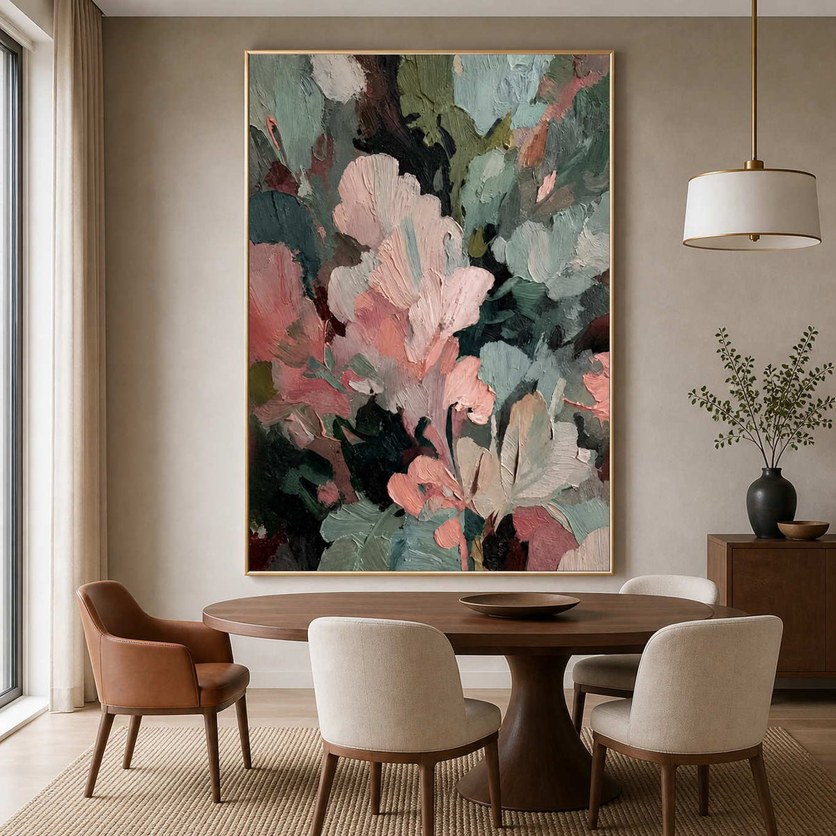 Gold framed pink and green textured painting above a round wooden dining table.