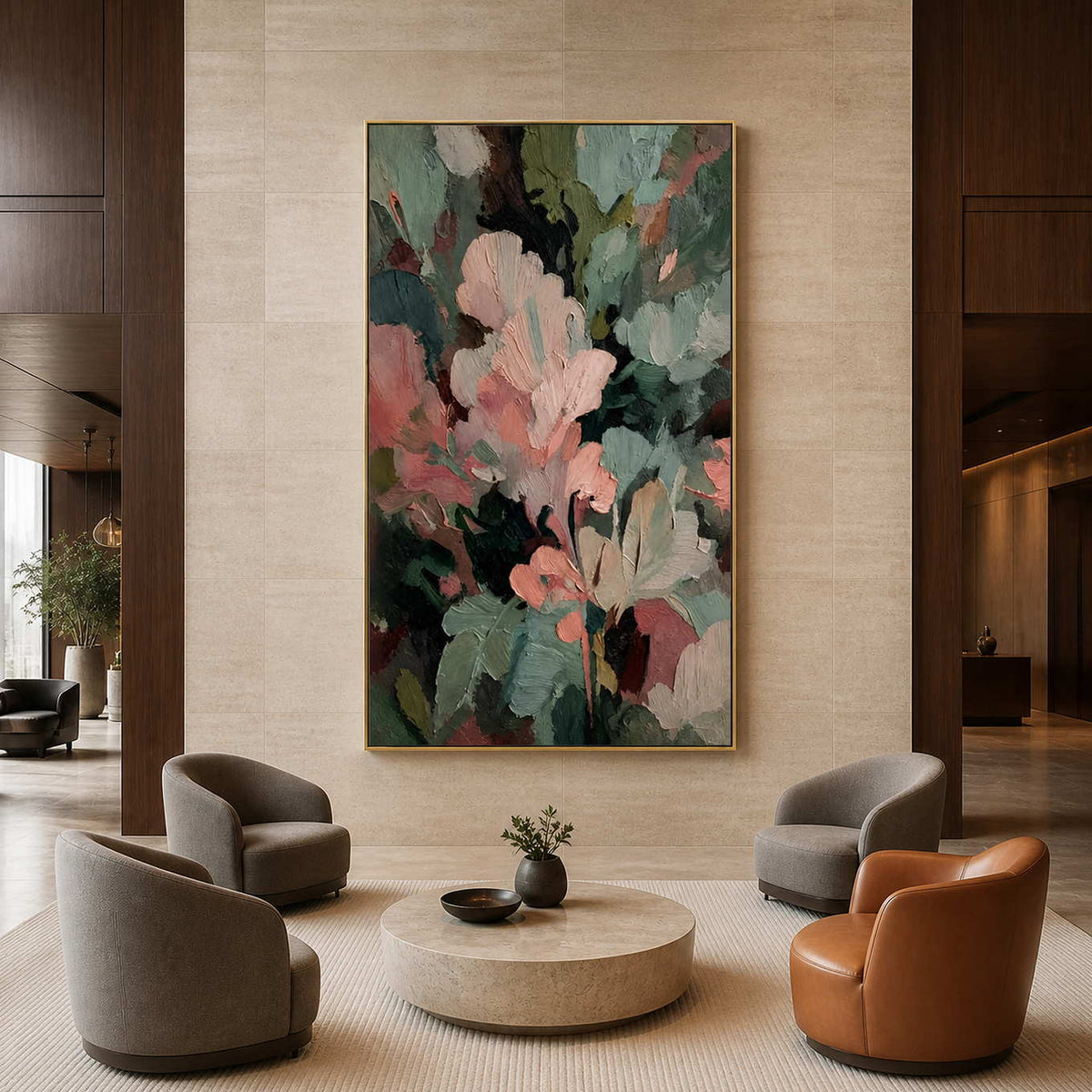 Gold framed textured abstract painting above curved chairs in a stone walled hotel lounge.