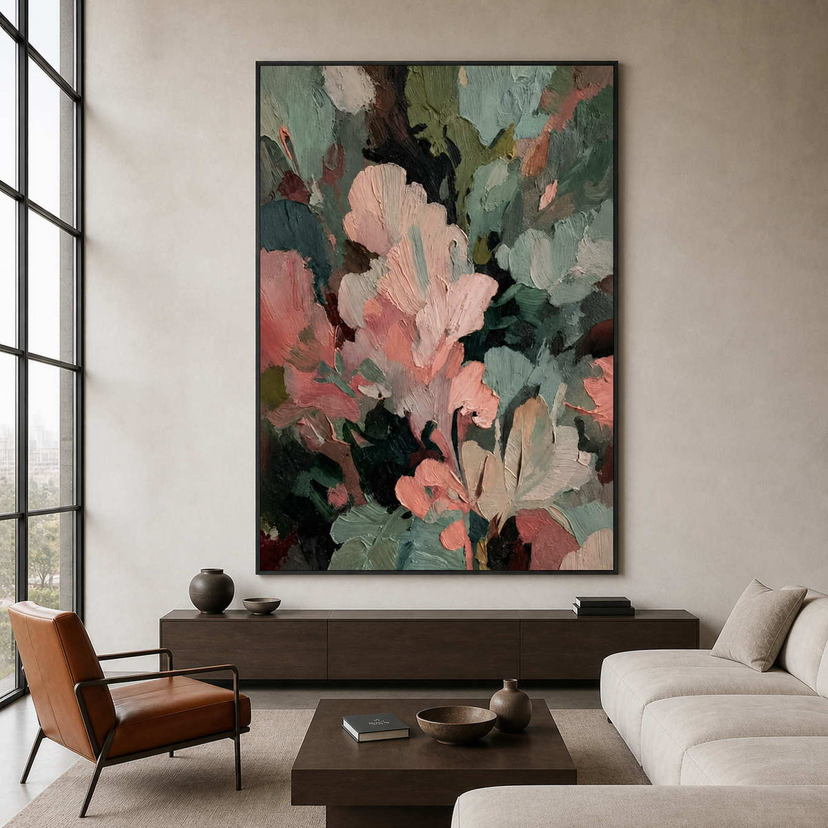 Black framed pink and green artwork above a console between lounge seating.