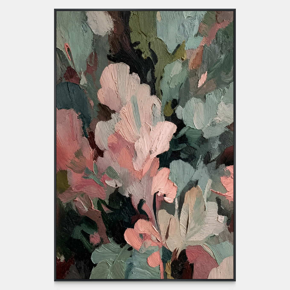 Vertical abstract painting with raised dusty pink and pale green strokes over dark layers.