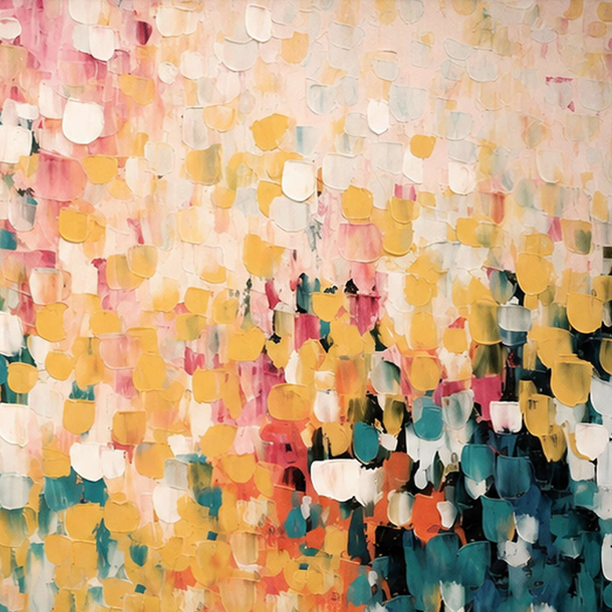 Close-up of raised hand-painted texture in pink & blush, warm tones, and green.