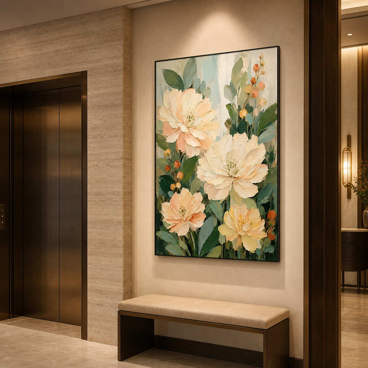 Textured Floral Wall Art displayed in a refined hospitality lounge.