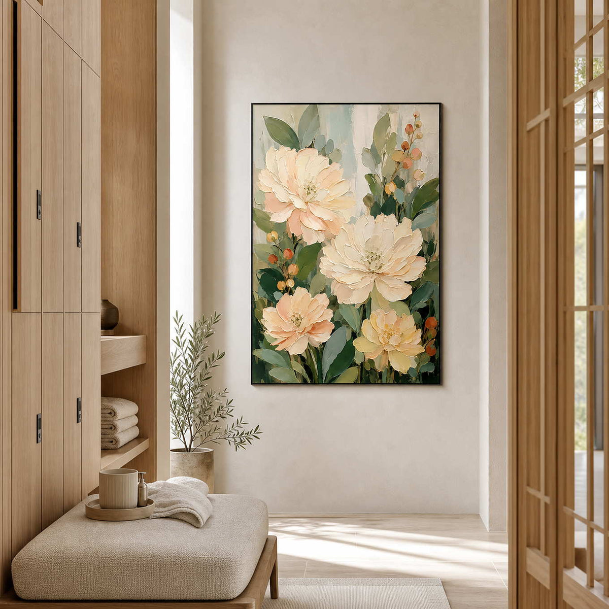 Textured Floral Wall Art displayed in a refined spa reception.
