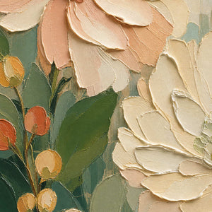 Close-up of raised hand-painted texture in green, white, and pink & blush.