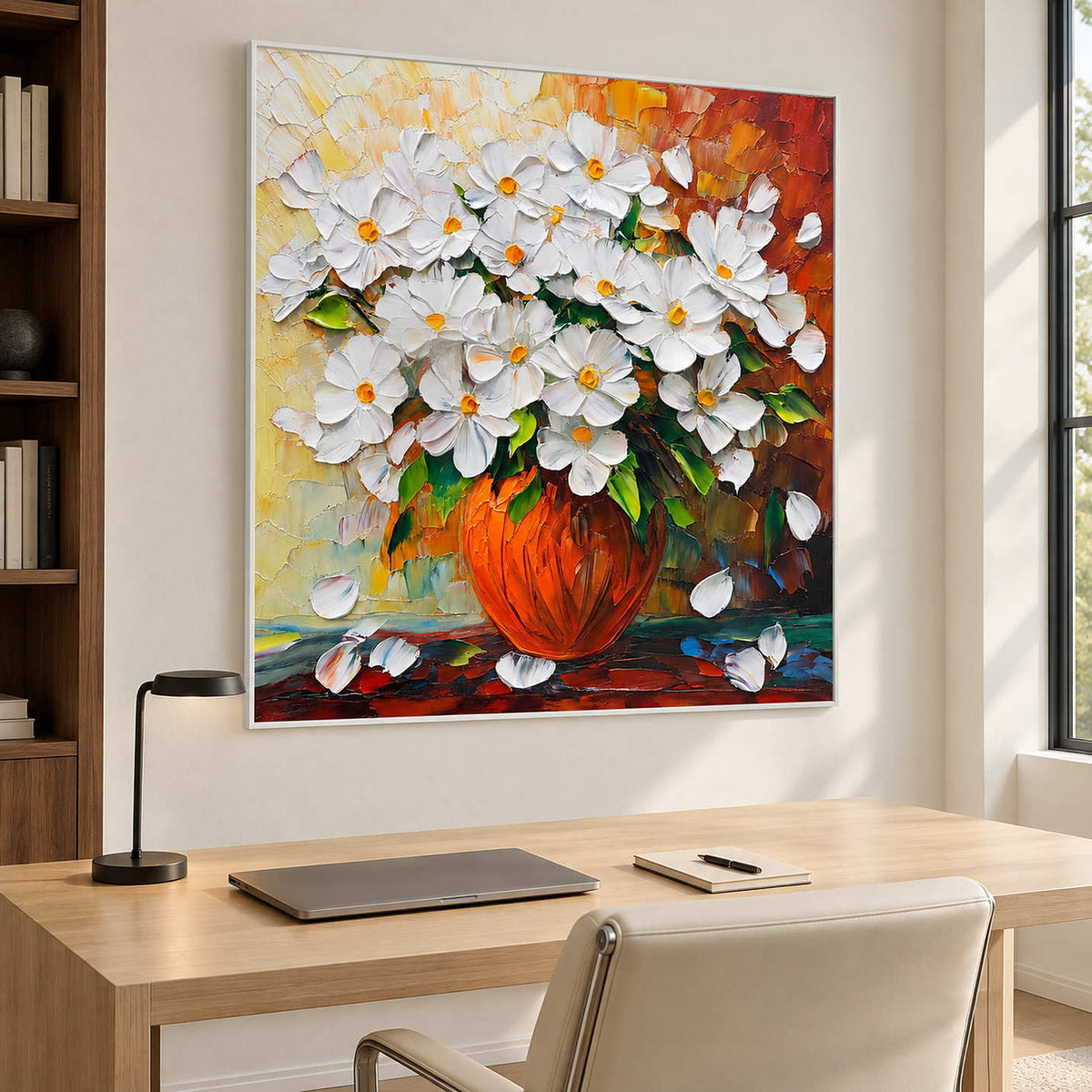 Colorful floral still life above a light wooden desk.