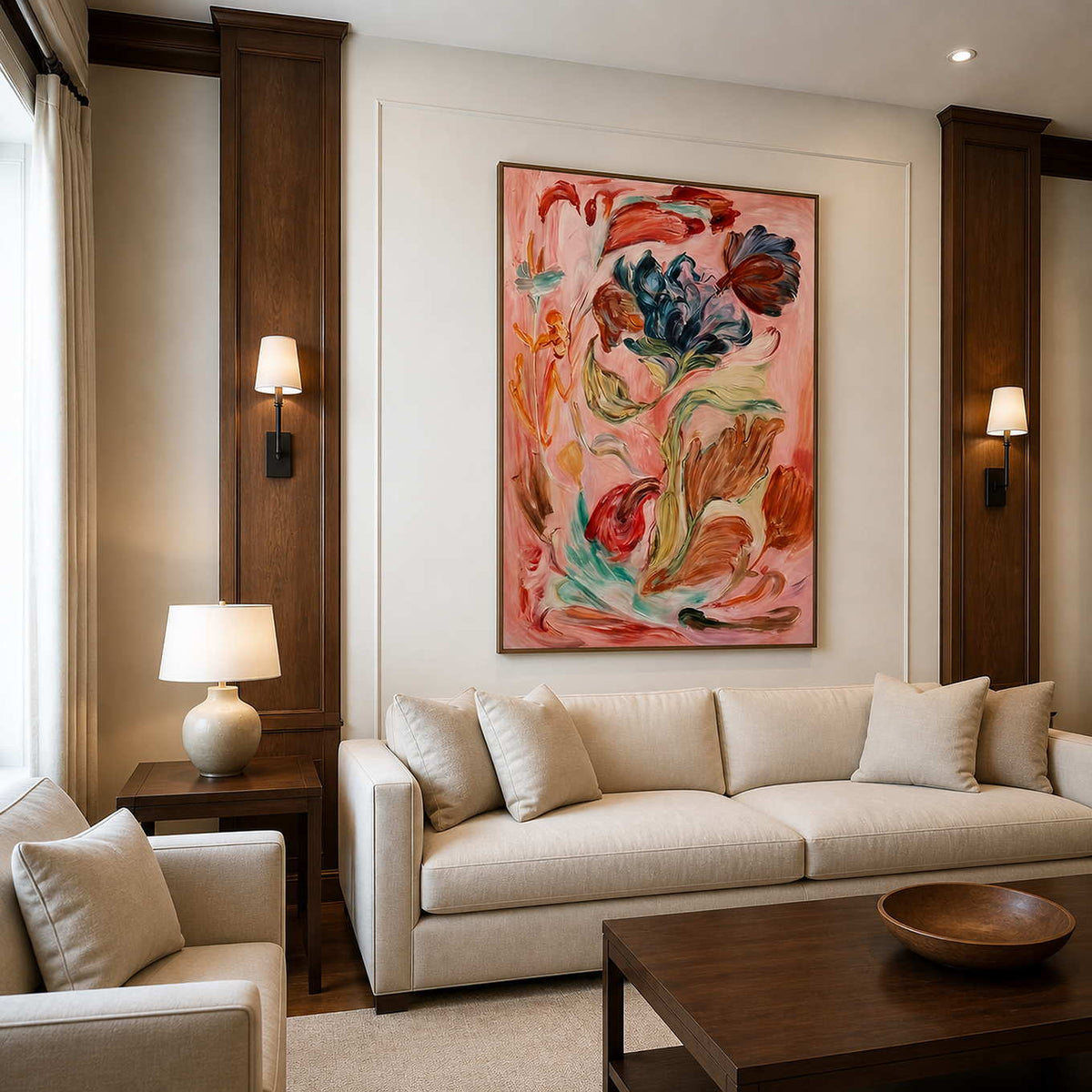 Wood framed expressive flowers above a cream sofa between dark timber panels in a lounge.