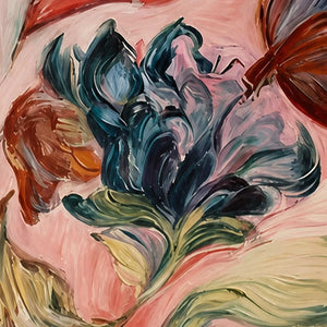 Close view of sweeping blue flower petals and green stems against soft pink brushwork.